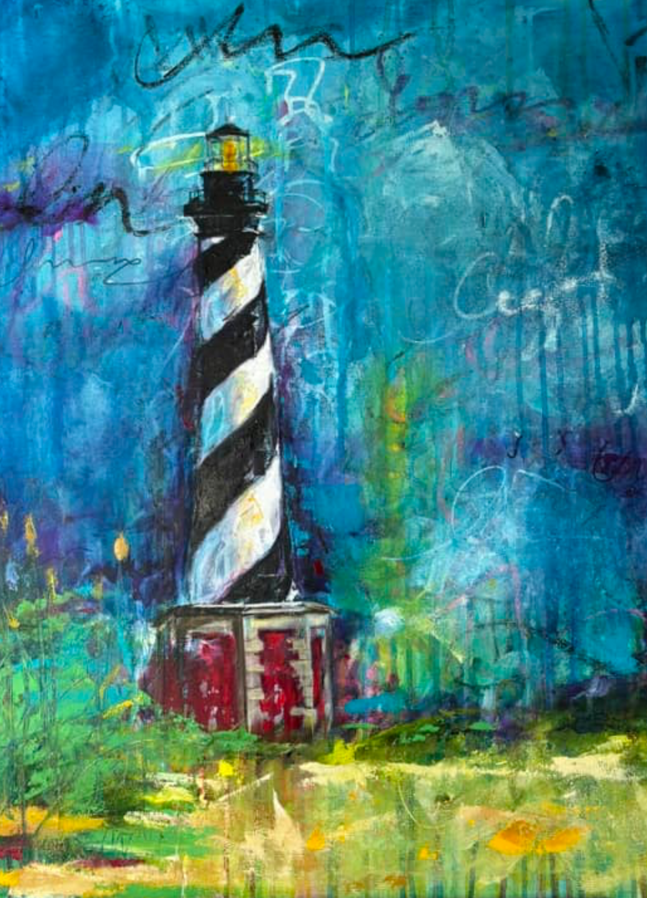 Colorful abstract painting of a lighthouse with a striped design.